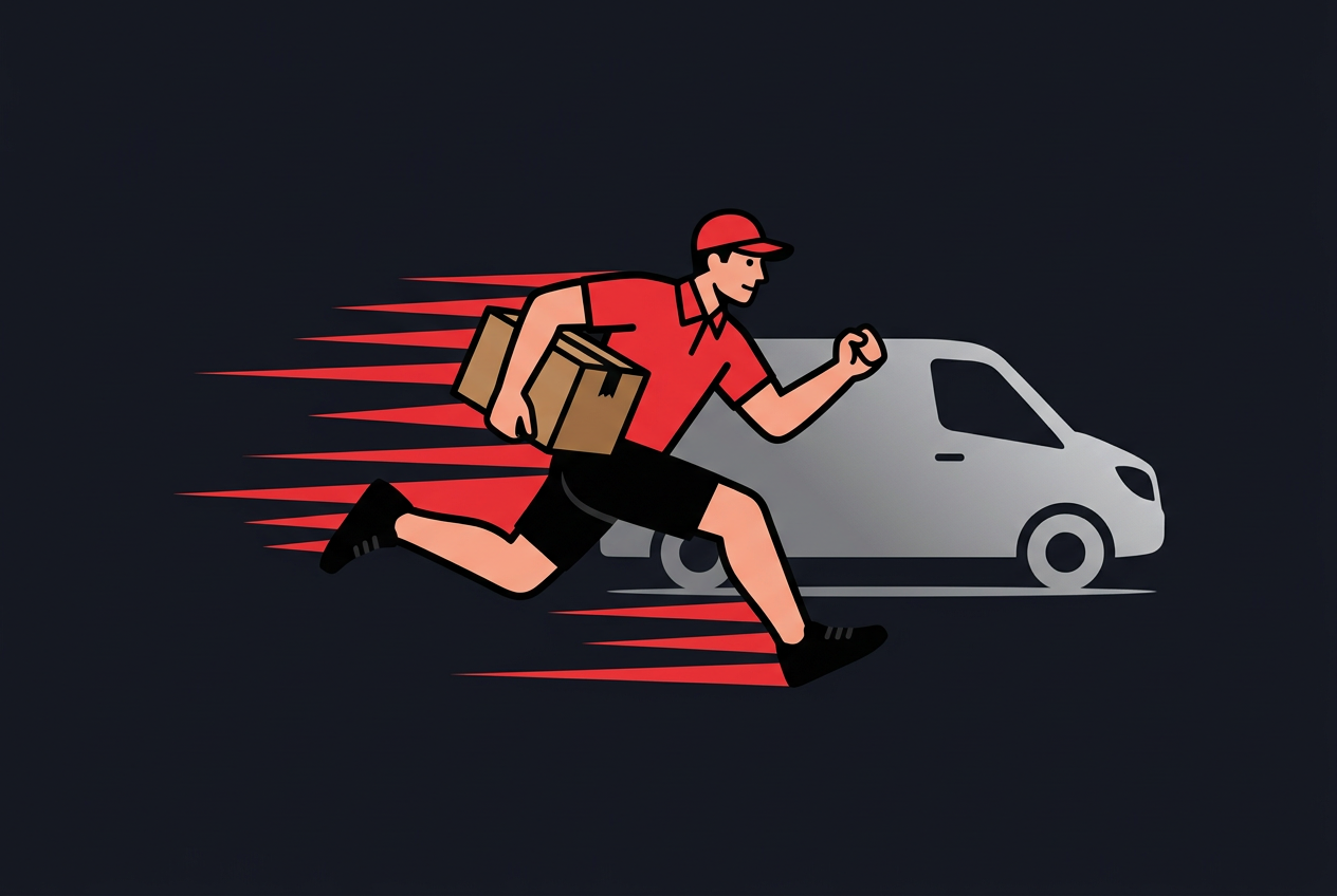 Courier in delivery uniform running with a box, faster than a delivery van